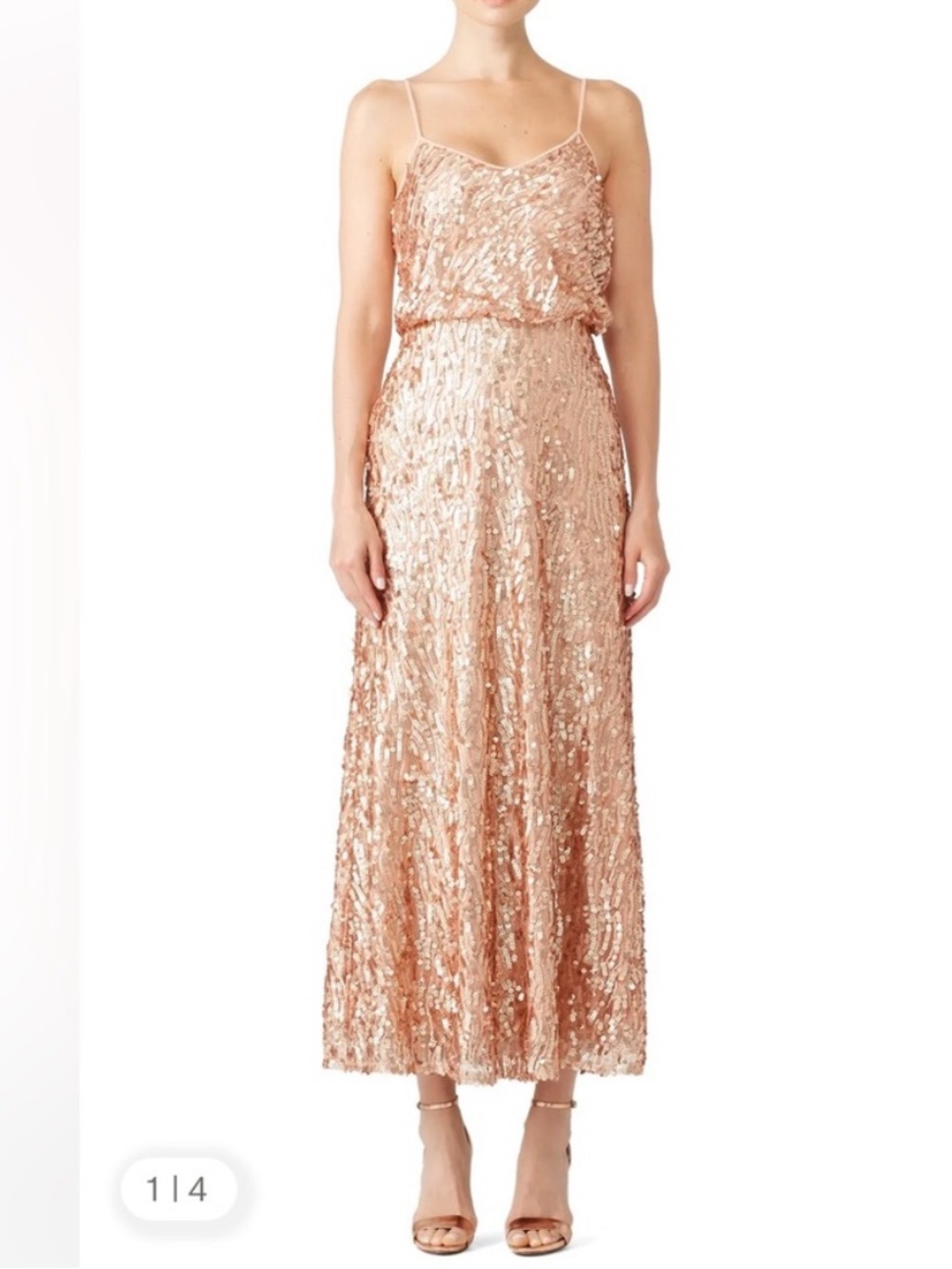 Donna Morgan Rose Gold Sequin Blouson Top Maxi Gown, See Measurements
